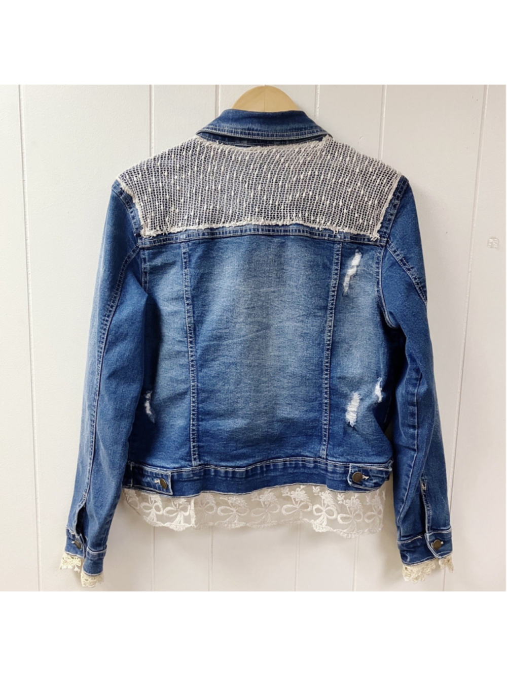 Y2K Boho Western Distressed Lace Denim Red Star Jean Jacket MEDIUM Coquette - Picture 3 of 8